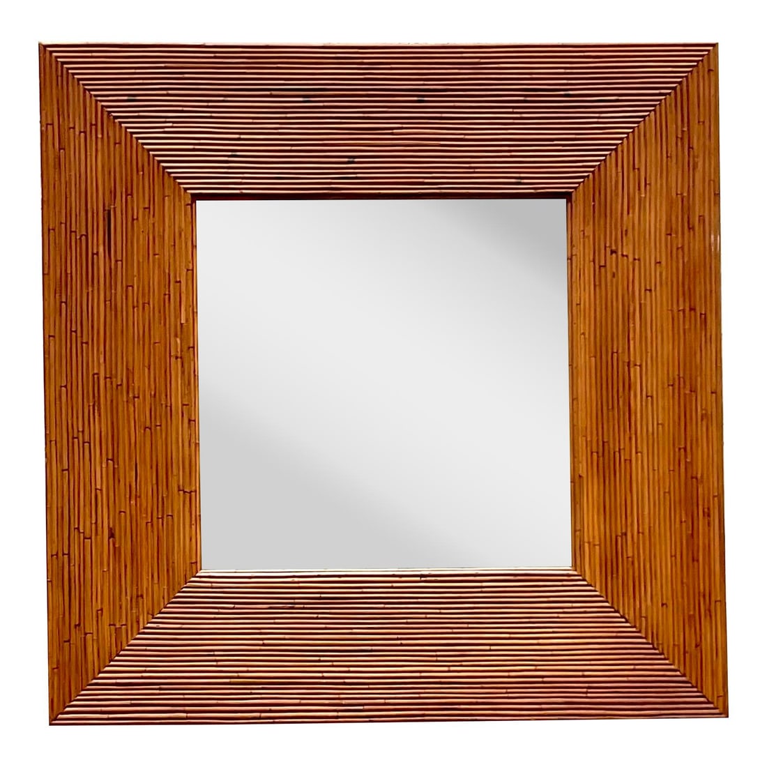 Vintage Coastal Square Reed Mirror from Palm Beach Estate: Vintage Coastal Square Reed Mirror from Palm Beach Estate This vintage Coastal wall mirror exudes charm and style, featuring an elegant pencil reed construction in a chic square shape. Its large size