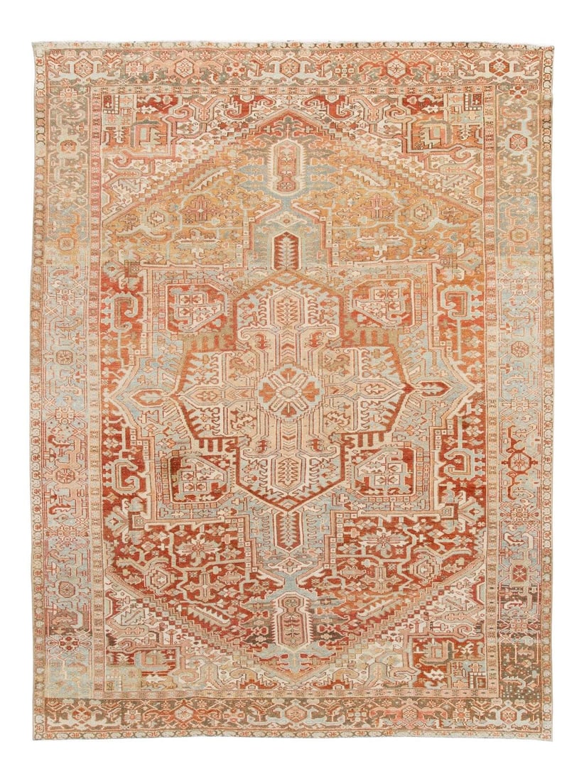 Vintage Persian Heriz Hand-Knotted Wool Rug 8'2 x 11 Peach Gray Medallion: Vintage Persian Heriz Hand-Knotted Wool Rug 8'2 x 11 Peach Gray Medallion Discover the elegance of this Vintage Persian Heriz Wool Rug, featuring a stunning peach field complemented by a gray frame. T