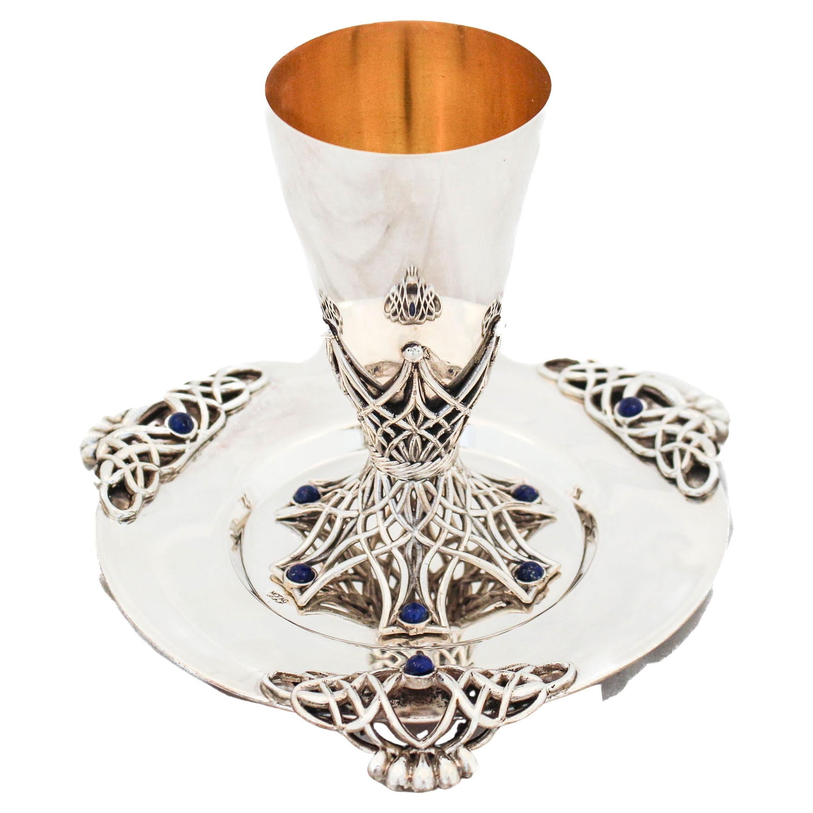 Set of 2 Sterling Silver Kiddush Cups with Lapis Stones: Set of 2 Sterling Silver Kiddush Cups with Lapis Stones This exquisite set of two Sterling Silver Kiddush cups beautifully combines modern design with intricate craftsmanship. Each cup features stunni