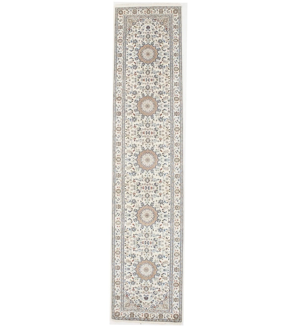 Handmade Indo-Nain Floral Runner Rug 2'9 X 12'6 Wool Silk: Handmade Indo-Nain Floral Runner Rug 2'9 X 12'6 Wool Silk Enhance your space with this exquisite Handmade Indo-Nain Runner Rug, featuring a classic floral design in a palette of cream, light blue, med