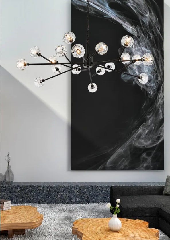 Graham 18-Light 48" Black Crystal Chandelier Modern Pendant Fixture: Graham 18-Light 48" Black Crystal Chandelier Modern Pendant Fixture Illuminate your space with elegance using this modern black chandelier featuring 18 lights. Designed for large areas such as foyers
