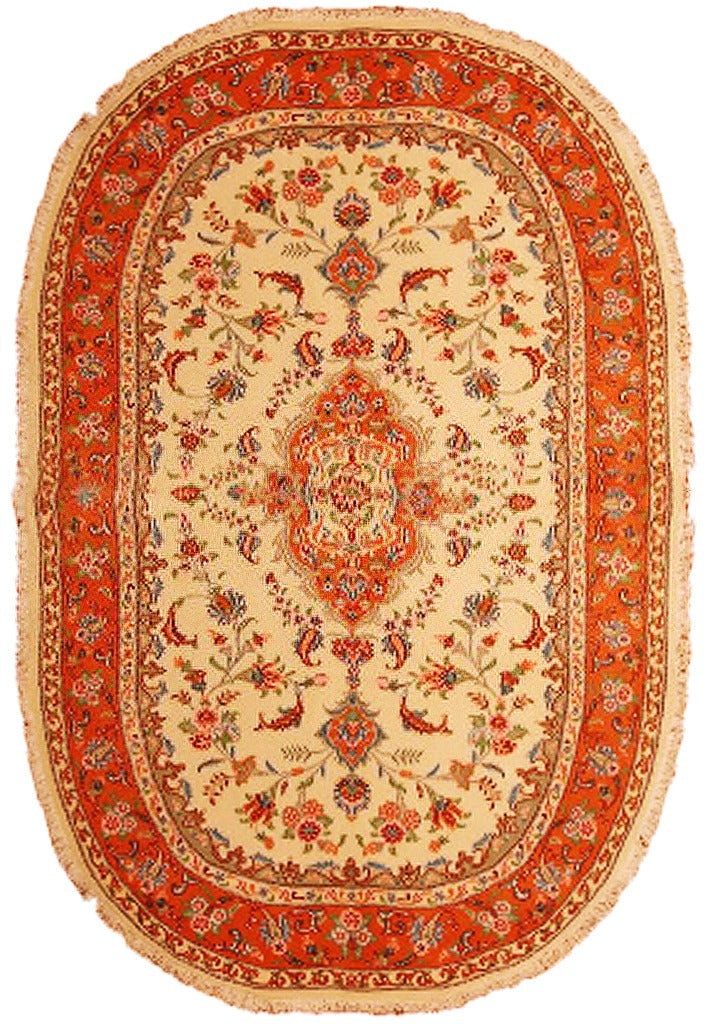 Exquisite 4'2 x 6'9 Ivory Wool Silk Persian Tabriz Oval Rug: Exquisite 4'2 x 6'9 Ivory Wool Silk Persian Tabriz Oval Rug Free continental US Shipping Enhance your space with this exquisite handcrafted Persian Tabriz oval rug, made from high-end wool and silk. F