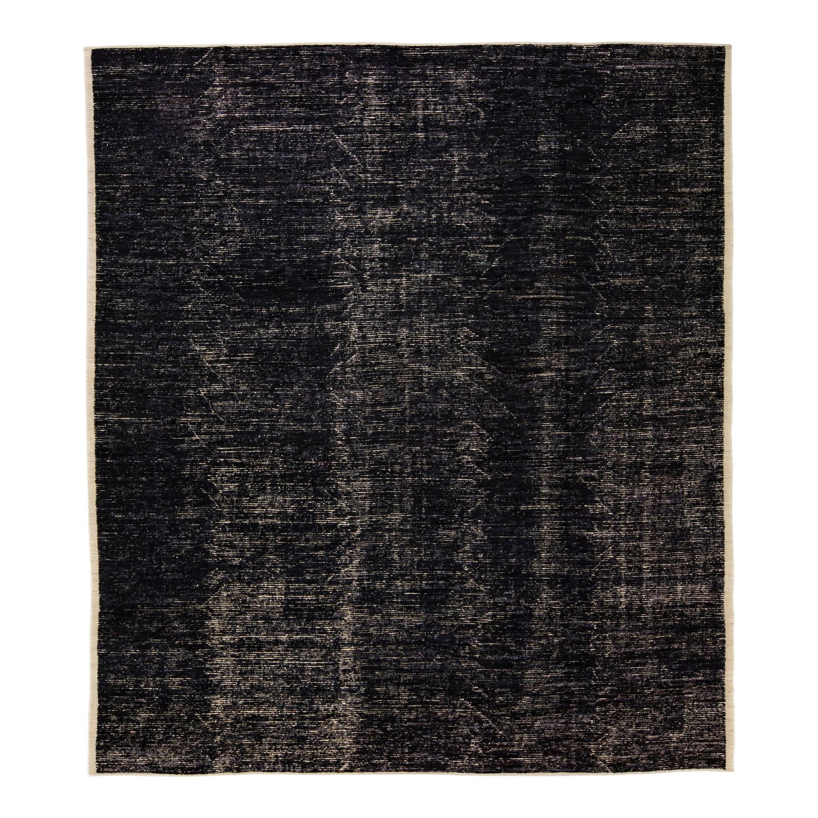 Oversize Black Moroccan Handmade Wool Rug 12'10 x 14'10 Boho Chic: Oversize Black Moroccan Handmade Wool Rug 12'10 x 14'10 Boho Chic Enhance your living space with this stunning Moroccan style handmade wool rug. Featuring a sophisticated black field adorned with beig