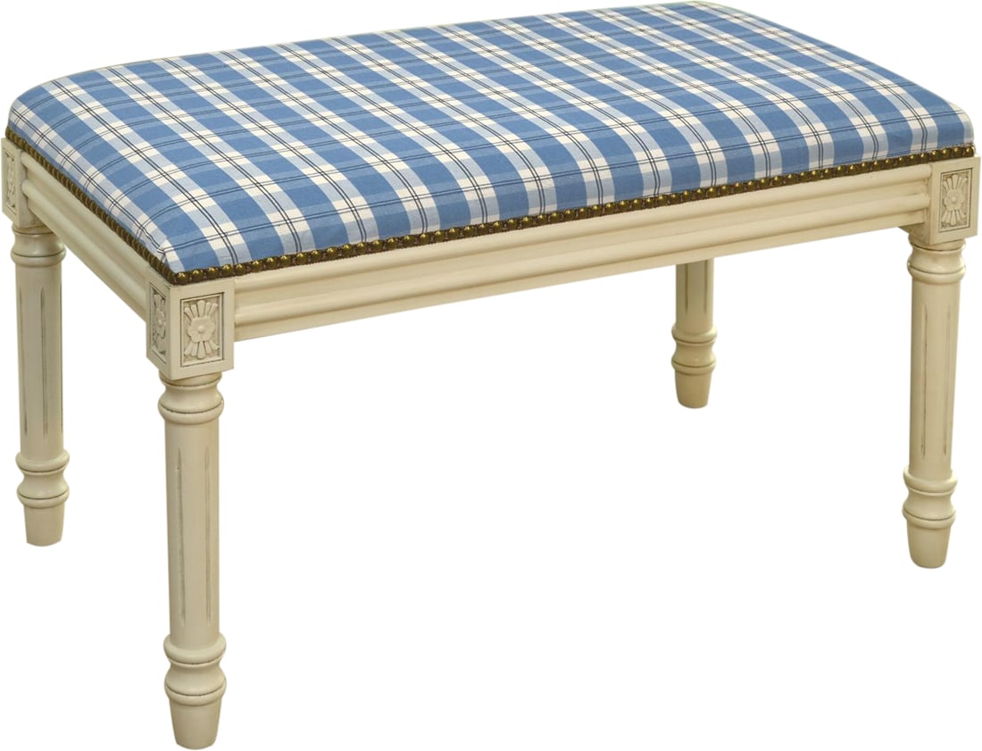 Elegant French Country Blue Plaid Bench with Carved Details: Elegant French Country Blue Plaid Bench with Carved Details Introducing a Traditional Blue Plaid Bench that combines elegance with vintage charm. This backless bench features a stunning antique white