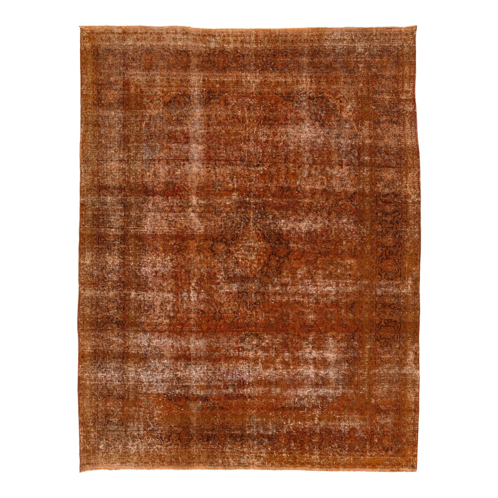 Antique Persian Overdyed Wool Rug Orange Floral Design 9'9 x 12'6: Antique Persian Overdyed Wool Rug Orange Floral Design 9'9 x 12'6 Enhance your space with this stunning antique Persian wool rug featuring a vibrant orange hue and an intricate medallion floral design
