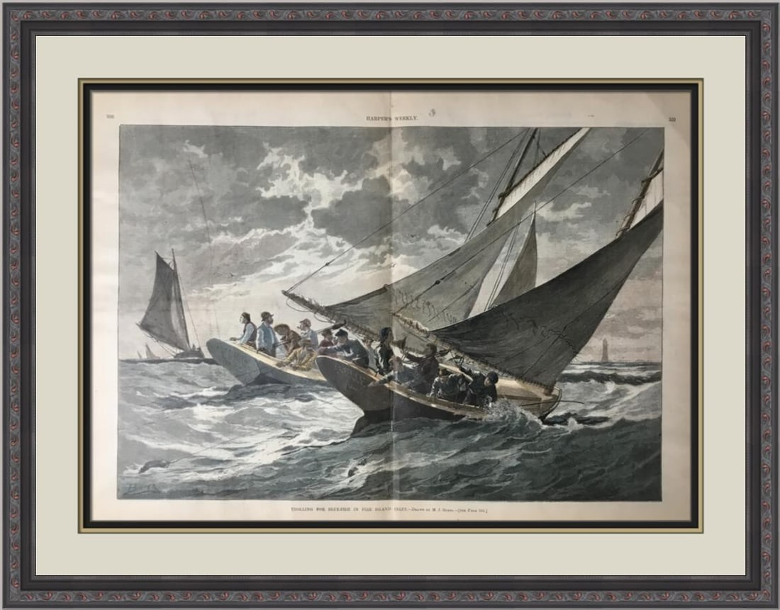 MJ Burns Hand Colored 1889 Blue Fish Harper's Weekly Custom Framed Art (1 of 2)