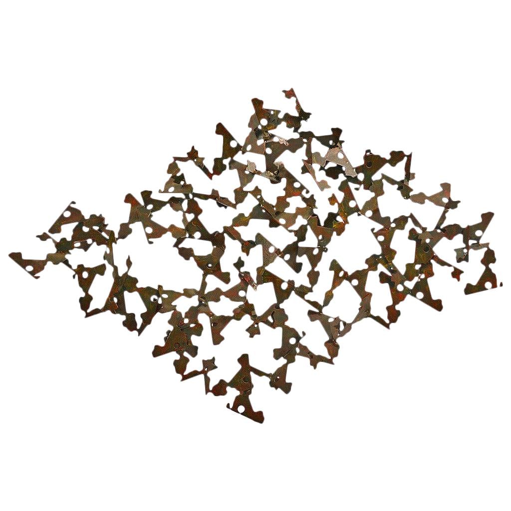 Brutalist Polychrome Iron Diamond Wall Sculpture 20x20: Brutalist Polychrome Iron Diamond Wall Sculpture 20x20 This striking polychrome Brutalist wall mount sculpture features a unique diamond shape constructed from welded metal abstract forms. The sculptu