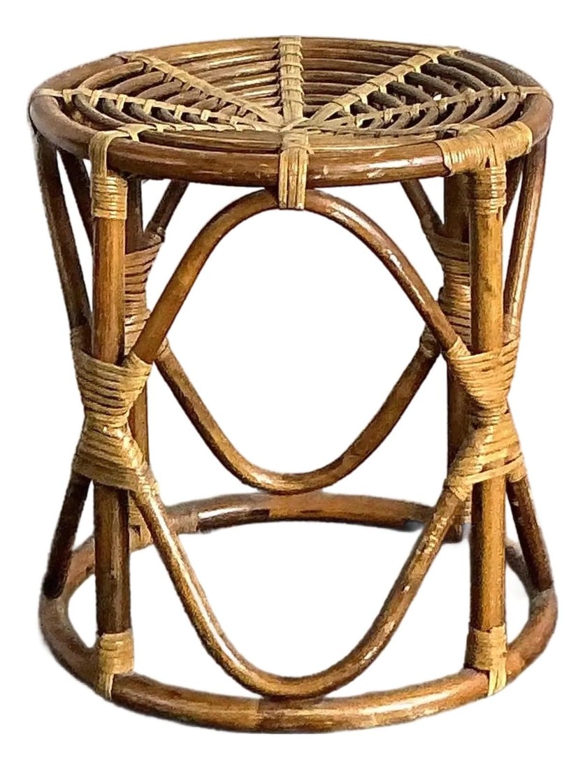 Vintage Rattan Low Stool with Spiderweb Design (1 of 10)
