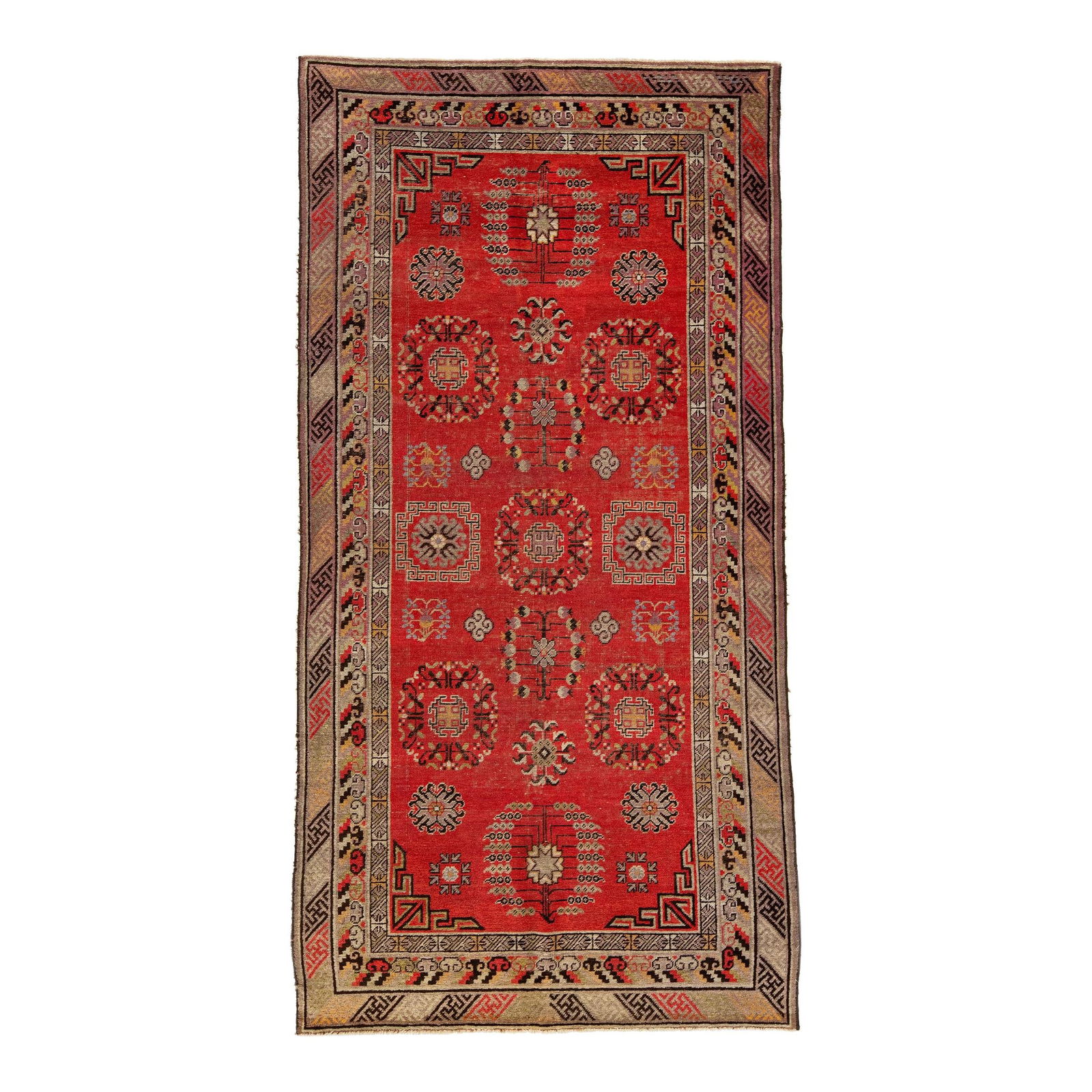 Vintage Khotan Hand-Knotted Wool Rug Red Tribal Design 4'3 x 8'6 (1 of 7)