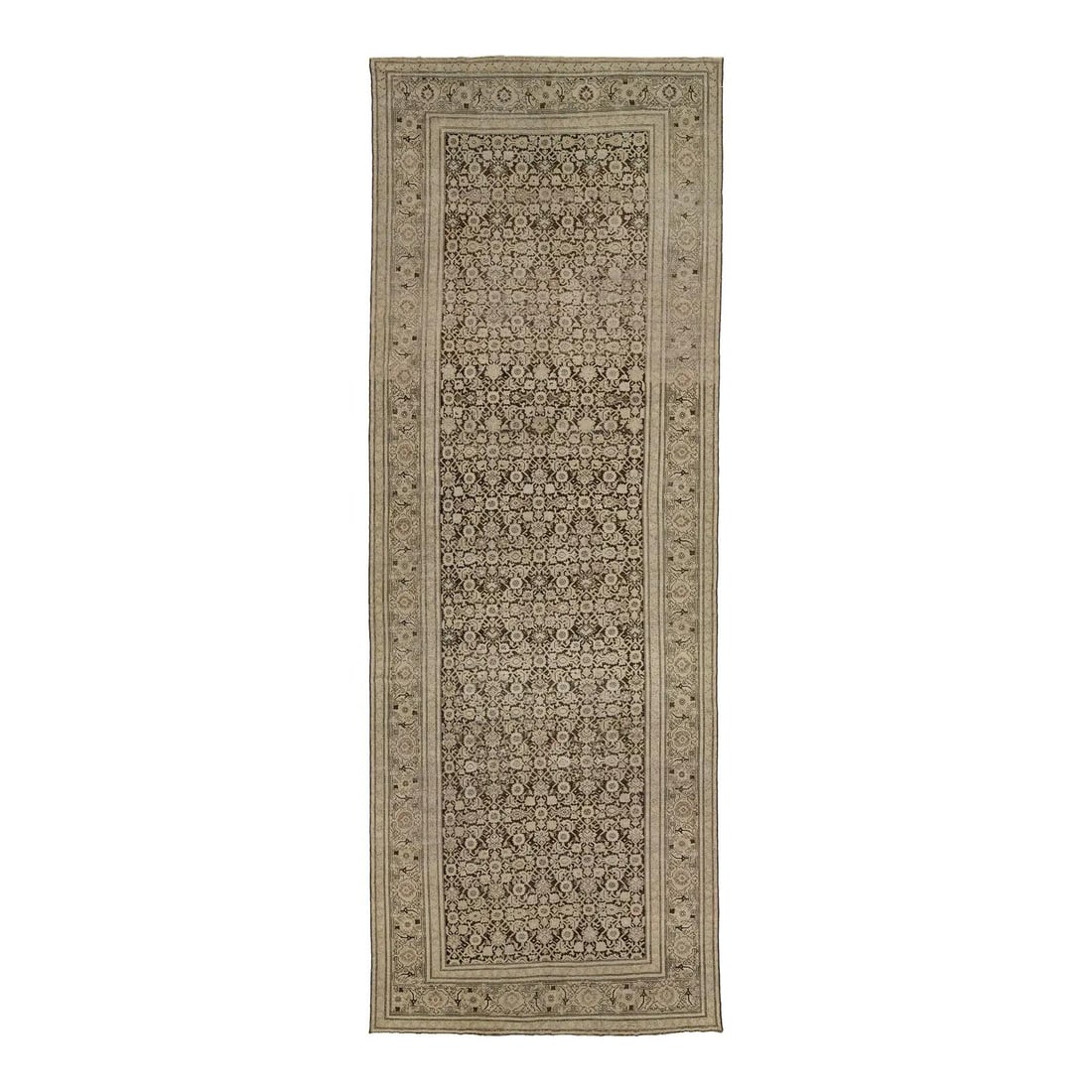 Antique Malayer Wool Rug 6'7" x 18'7" Persian Floral Design Beige Brown: Antique Malayer Wool Rug 6'7" x 18'7" Persian Floral Design Beige Brown This finely woven antique Malayer rug from Northwest Persia features a dense allover floral lattice design in warm beige, cream,