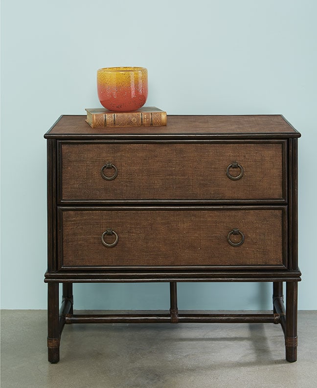 Port Eliot Espresso Rattan Two-Drawer Chest Island Regency Style: Port Eliot Espresso Rattan Two-Drawer Chest Island Regency Style Introducing a stylish two-drawer chest that combines functionality with a touch of island regency style. This piece features a rich esp