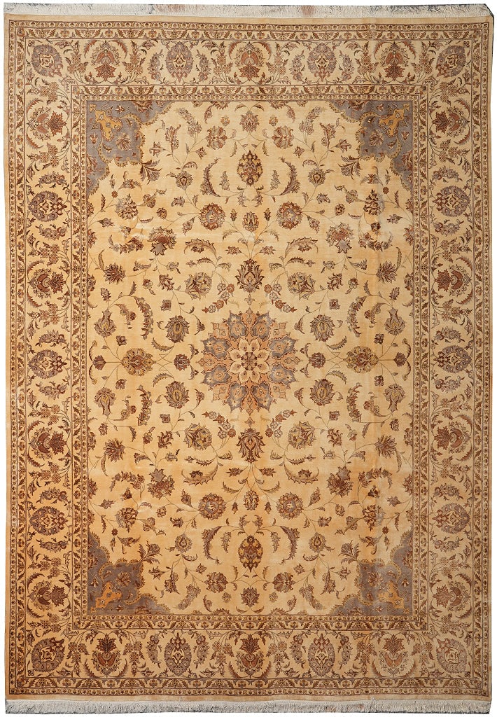 Hand-Knotted Wool Silk Tabriz Area Rug 109 x 148 Inches Beige Brown (1 of 15)