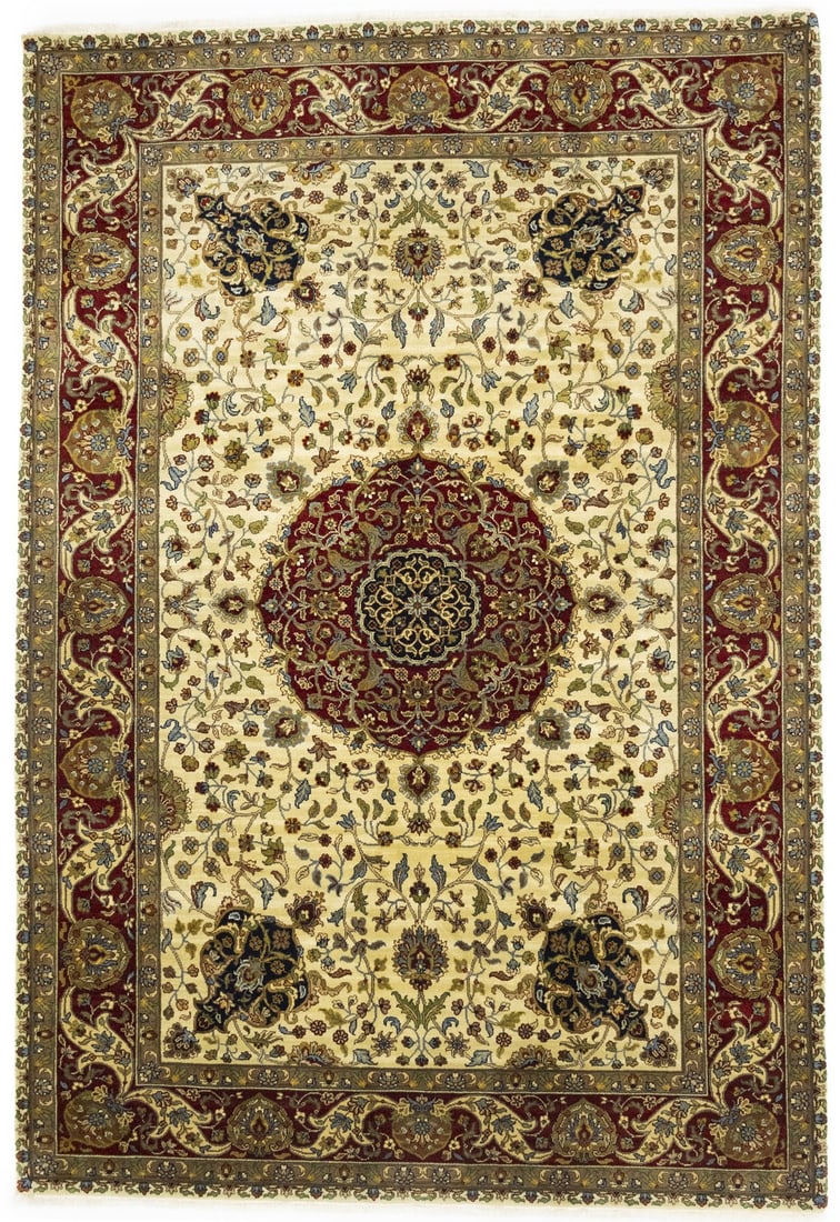 Floral Wool Area Rug Hand-Knotted Agra Jaipur Design 6'0 x 8'8 Handmade: Floral Wool Area Rug Hand-Knotted Agra Jaipur Design 6'0 x 8'8 Handmade This elegant hand-knotted Agra Jaipur Oriental rug features a floral pattern in cream, red, brown, beige, gold, green, and light