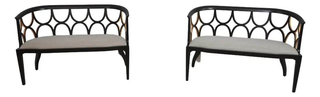 Set of 2 Connaught Settees Mahogany Gold Accents Model 4502-021: Set of 2 Connaught Settees Mahogany Gold Accents Model 4502-021 This is a pair of Theodore Alexander Connaught settees, model 4502-021. Featuring gold gilt accents and a dark mahogany finish, these se