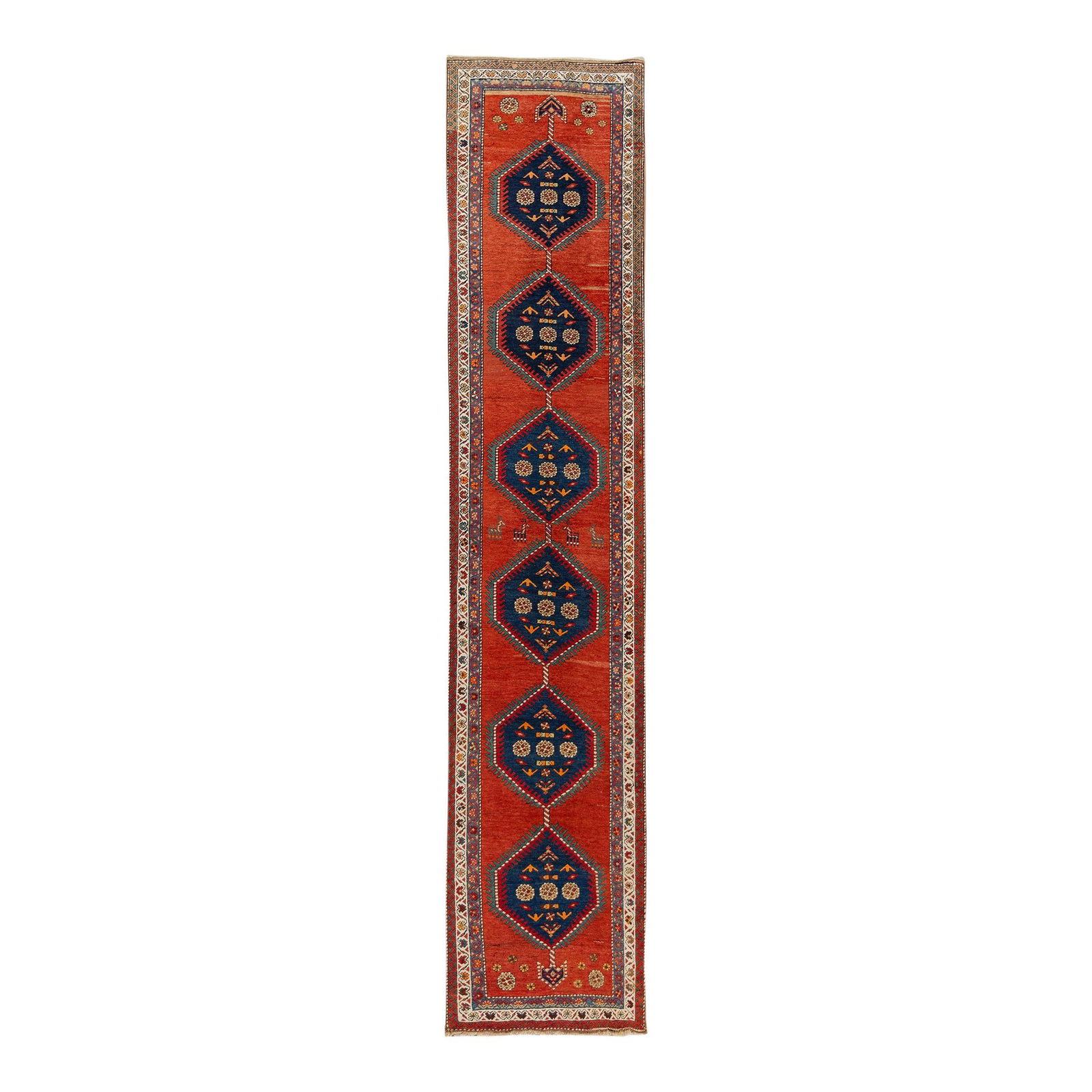 1920s Antique Heriz Handmade Tribal Wool Runner Rust-Orange 3'3 x 14'5: 1920s Antique Heriz Handmade Tribal Wool Runner Rust-Orange 3'3 x 14'5 This stunning 20th-century Heriz hand-knotted wool runner showcases a vibrant rust-orange field, adorned with multicolor accents
