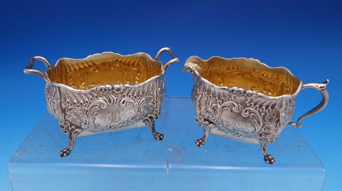 Whiting Dresden Sterling Silver Sugar Creamer Set Gold-Washed Interiors Monogram B: Whiting Dresden Sterling Silver Sugar Creamer Set Gold-Washed Interiors Monogram B This set features a sterling silver sugar bowl and creamer from the Dresden pattern by Whiting Manufacturing Company,