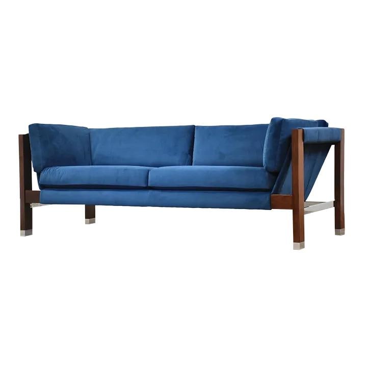 1960s Founders Walnut Chrome Blue Velvet Sofa Mid Century Modern: 1960s Founders Walnut Chrome Blue Velvet Sofa Mid Century Modern This stunning mid-century modern sofa features a rich walnut frame paired with elegant chrome accents, all beautifully reupholstered in