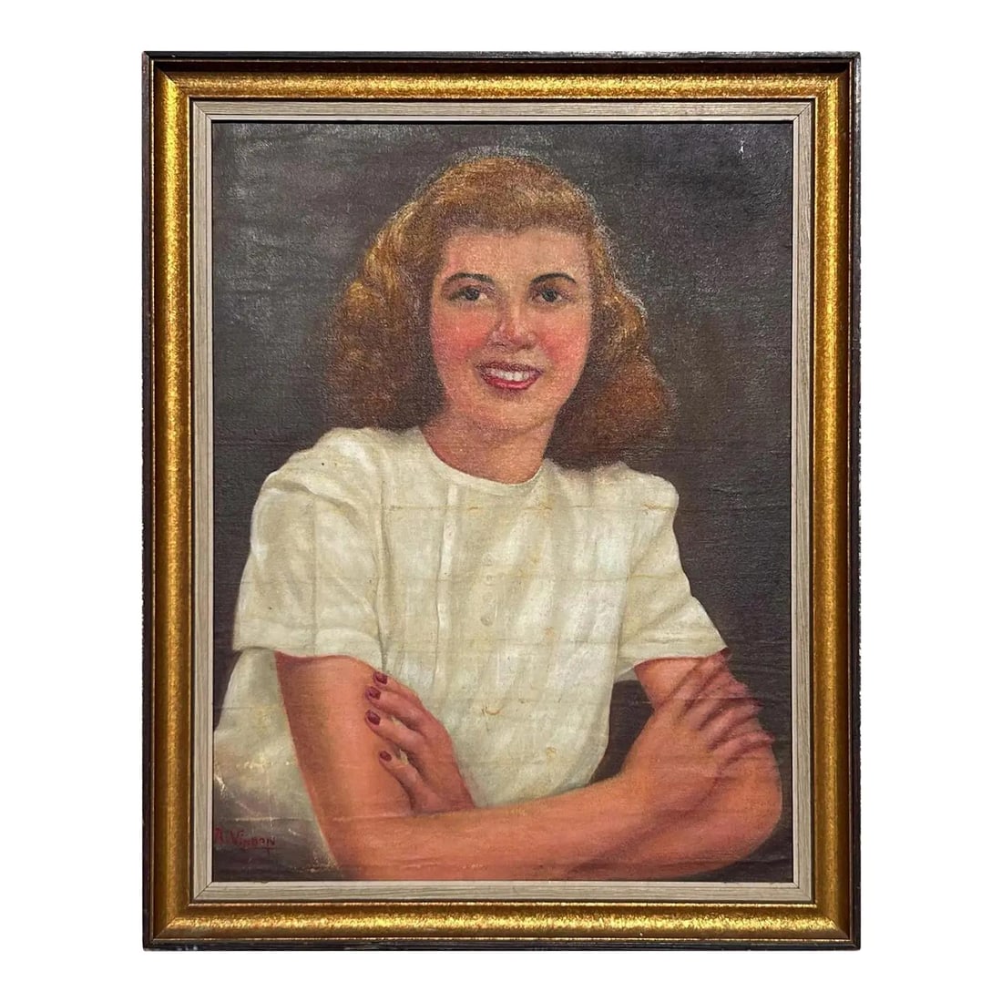 Vintage Boho Oil Portrait of Lady with Blonde Hair: Vintage Boho Oil Portrait of Lady with Blonde Hair This vintage-style portrait captures the essence of classic charm, featuring a young woman with elegantly curled blonde hair and a warm, inviting smi