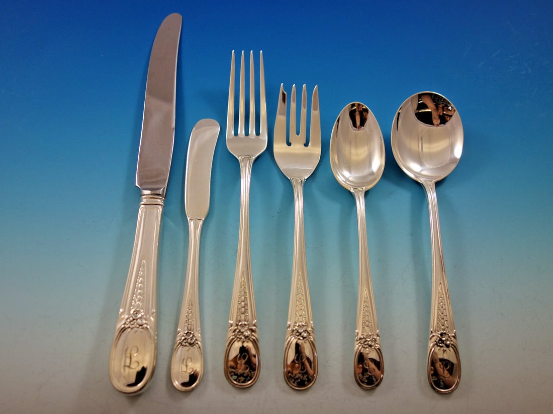 R Blackinton Flowered Antique Sterling Silver Flatware Set 79 Pieces L Monogram (1 of 11)