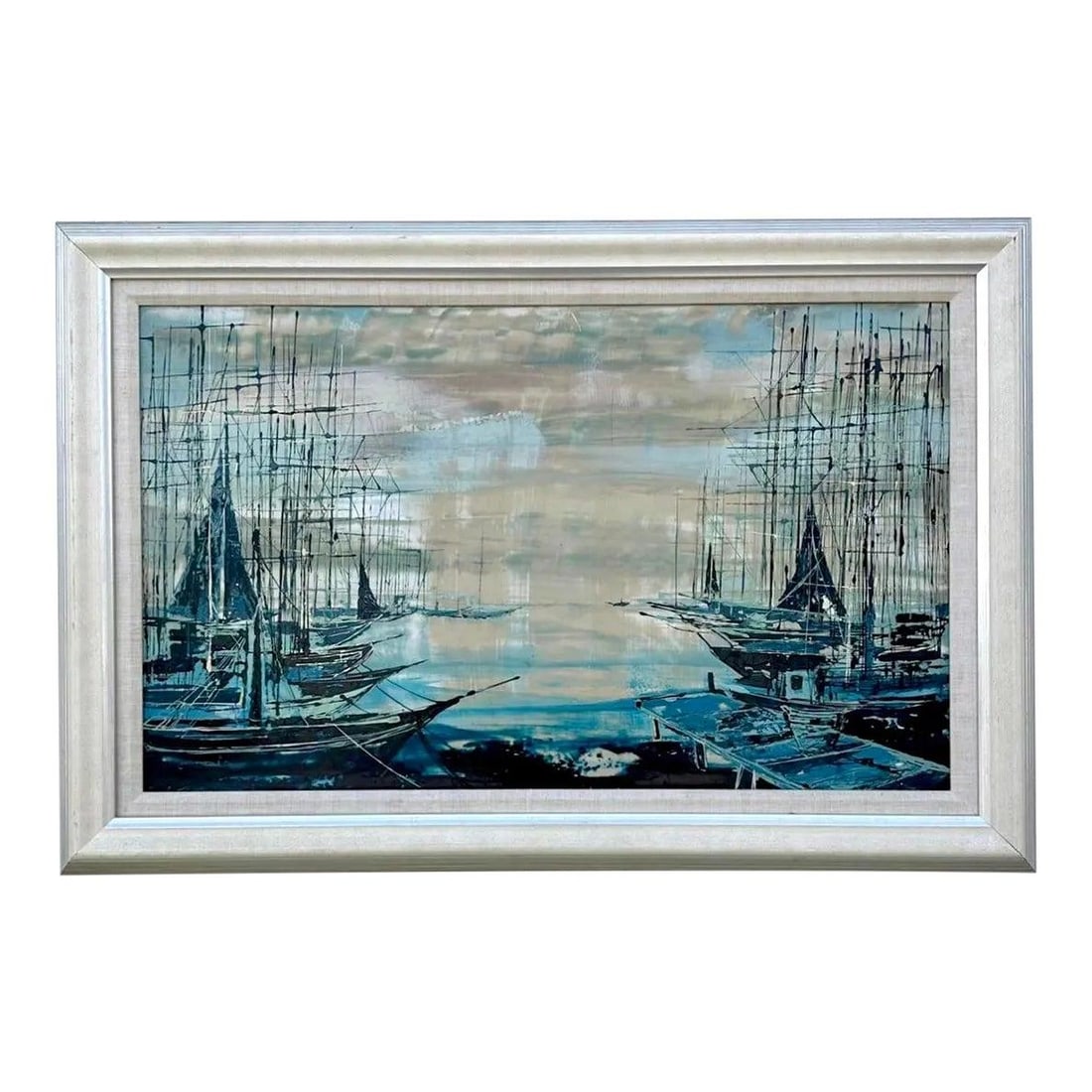 Abstract Coastal Harbor Oil Painting on Canvas Vintage Bohemian Wall Art: Abstract Coastal Harbor Oil Painting on Canvas Vintage Bohemian Wall Art This vintage boho abstract seascape is an oil painting on canvas that features a serene harbor scene with tall-masted boats at