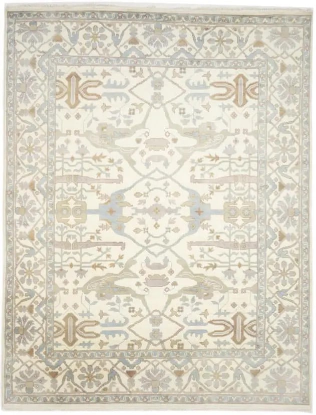 Hand-Knotted 9x12 ft Oushak Floral Wool Area Rug Cream Muted Colors: Hand-Knotted 9x12 ft Oushak Floral Wool Area Rug Cream Muted Colors Enhance your living space with this exquisite hand-knotted Oushak Oriental rug, measuring 9'1" x 12'2". Featuring a stunning floral