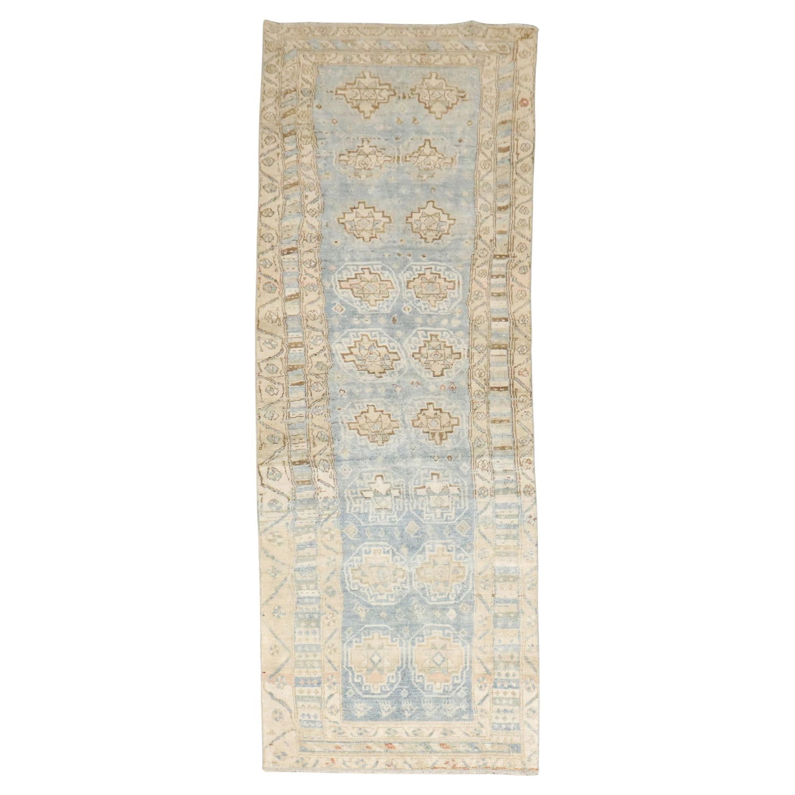 Antique Light Blue Persian Malayer Hand-Knotted Runner 39 x 108: Antique Light Blue Persian Malayer Hand-Knotted Runner 39 x 108 Introducing a stunning early 20th-century Light Blue Persian Malayer Runner, expertly hand-knotted from high-quality wool. This rustic-s