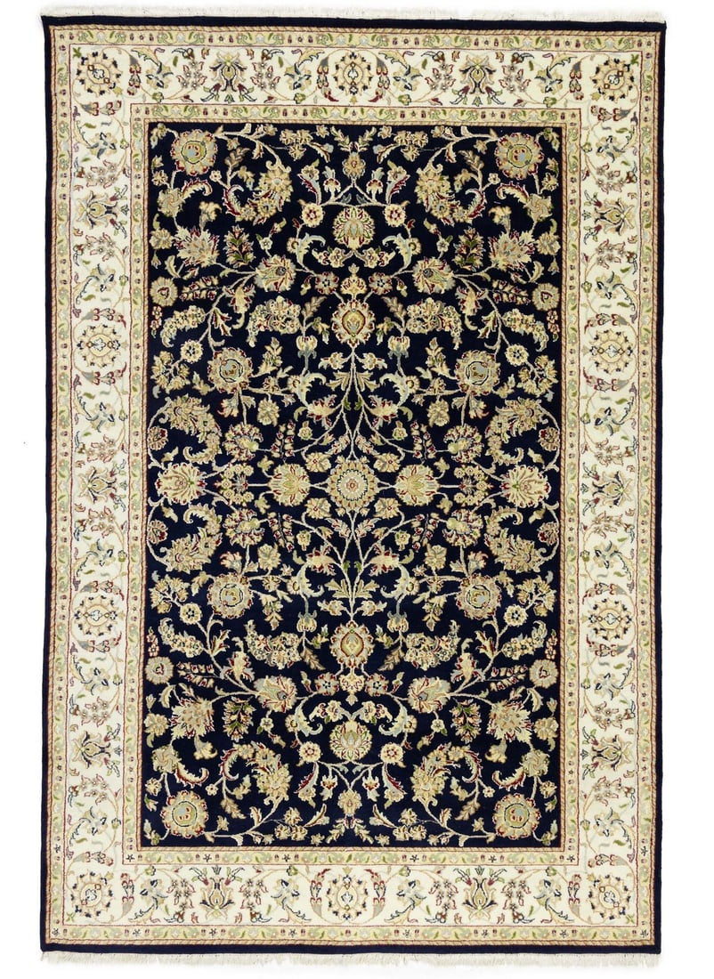 Hand-Knotted Dark Navy Floral 6x9 Indo-Nain Area Rug: Hand-Knotted Dark Navy Floral 6x9 Indo-Nain Area Rug Elevate your living space with this exquisite Dark Navy Floral Design Hand-Knotted Indo-Nain Oriental Rug, measuring 5'11" x 8'11". Crafted in Indi