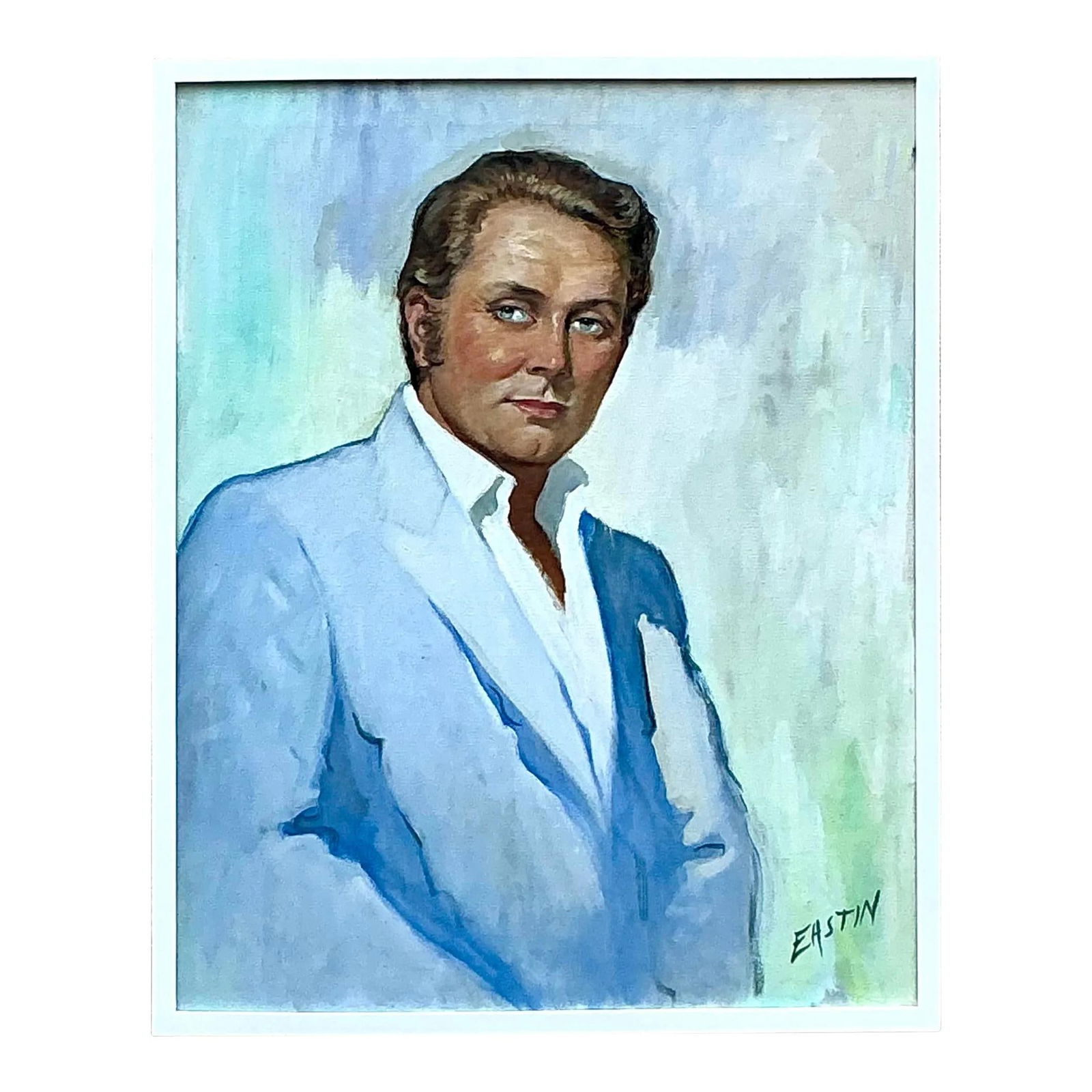 Vintage Boho Oil Portrait by Eastin on Canvas 29.25 x 35.25: Vintage Boho Oil Portrait by Eastin on Canvas 29.25 x 35.25 This Vintage Boho Original Oil Portrait on Canvas features a distinguished gentleman depicted in soft, pastel tones. Dressed in a light