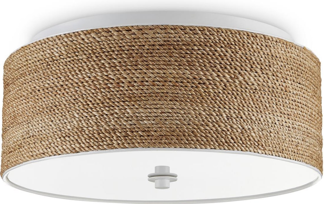 Coulton Flush Mount Light by Currey Coastal Style 16 Inch White Diffuser: Coulton Flush Mount Light by Currey Coastal Style 16 Inch White Diffuser Illuminate your space with the Coulton Rope Flush Mount, designed by Clarence Mallari. This stylish fixture features a coastal