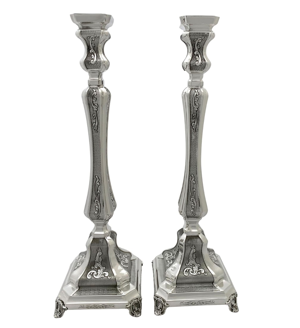 Elegant 925 Sterling Silver Handmade Swirl Leaf Square Candlesticks: Elegant 925 Sterling Silver Handmade Swirl Leaf Square Candlesticks Enhance your home decor with these exquisite handmade chased swirl leaf ornate square candlesticks, crafted from fine 925 sterling s