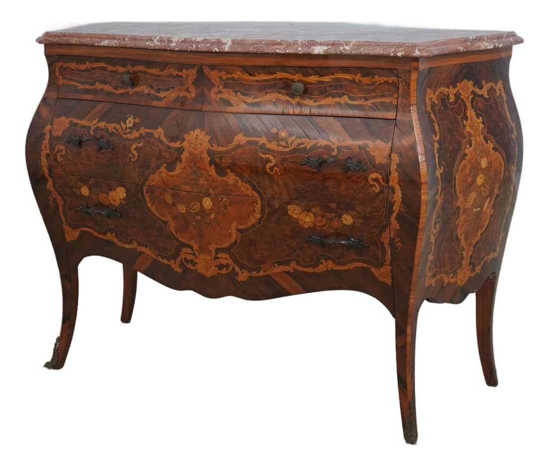 French Louis XV Marble Top Commode with Marquetry Inlay (1 of 10)