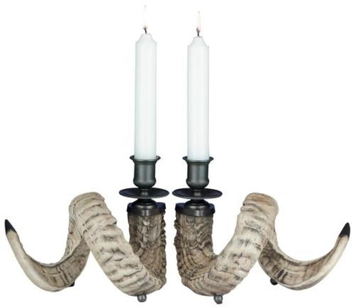 Elegant Ram Horn Candlesticks Lodge Style Ebony Ivory Finish (1 of 1)