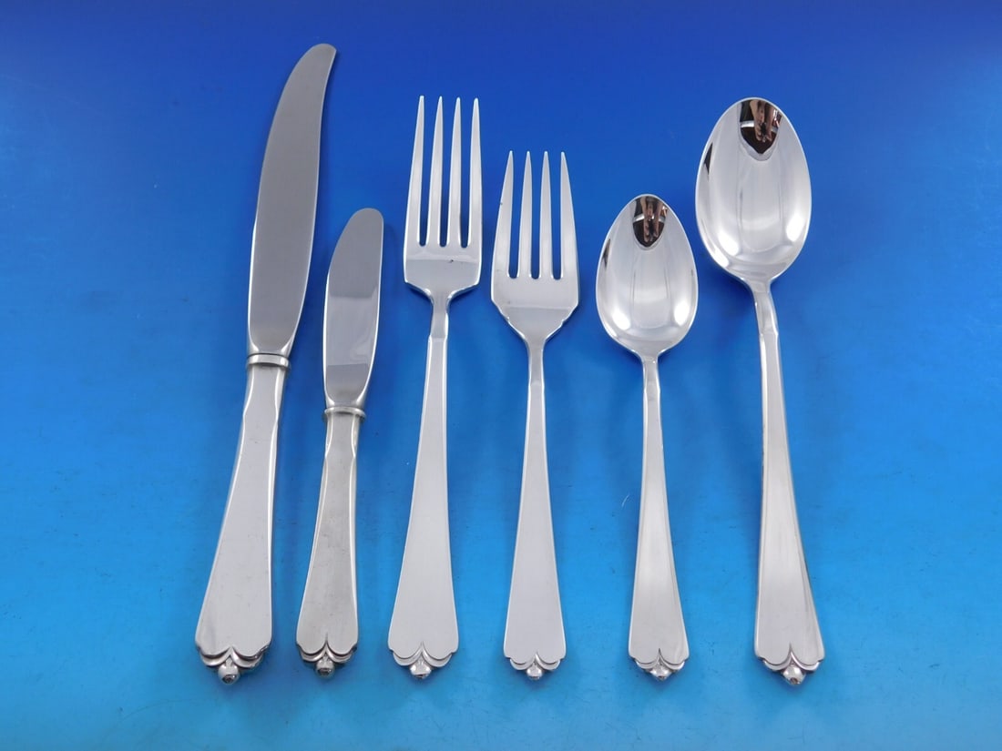 Watson-Wallace Lotus Sterling Silver Flatware Set for 8, 55 Pieces, Art Deco: Watson-Wallace Lotus Sterling Silver Flatware Set for 8, 55 Pieces, Art Deco Introducing the Lotus by Watson-Wallace Sterling Silver Flatware Service for 8, a stunning Art Deco set that enhances any d