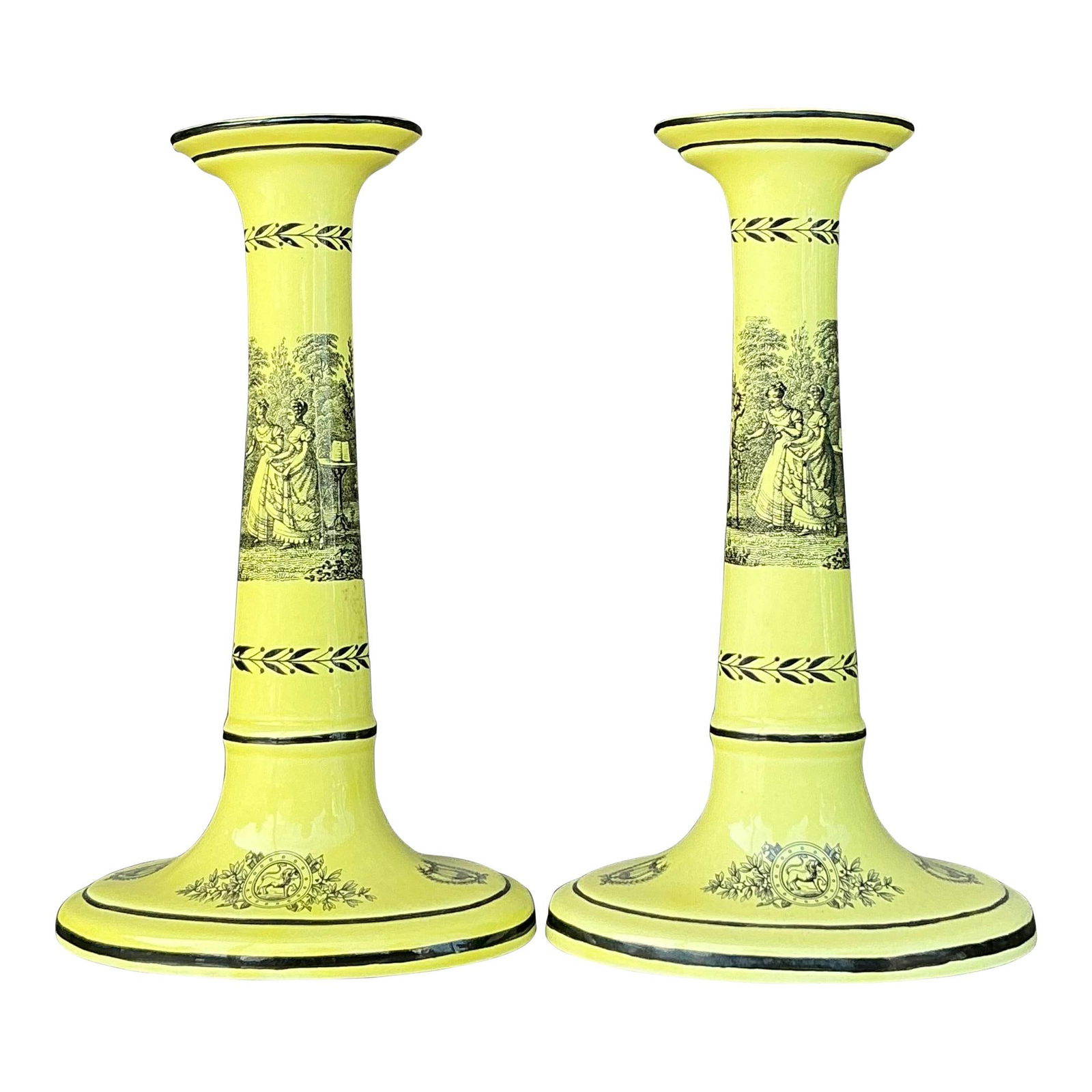 Pair of Vintage Regency Mottahedeh Creil Toile Candlesticks 8" Ceramic Yellow (1 of 7)