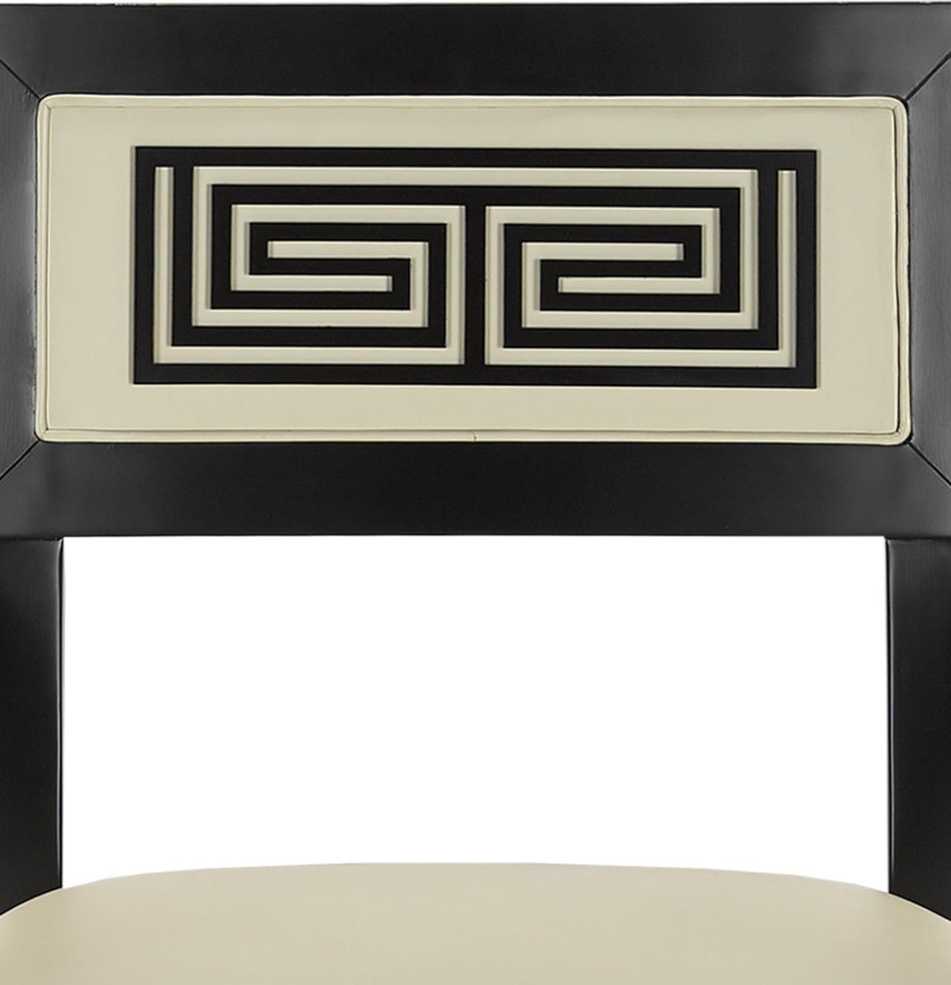 Currey Artemis Greek Key Leather Armchair Caviar Black Finish: Currey Artemis Greek Key Leather Armchair Caviar Black Finish Enhance your living space with this exquisite Greek Key Design Leather Armchair from the Artemis collection. Crafted with a sturdy beech w