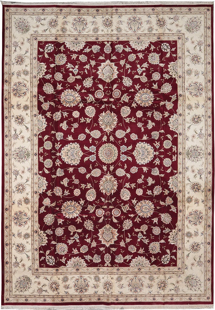 Hand-Knotted Wool Silk Kashan Rug 117 x 167 in Maroon Ivory China (1 of 12)