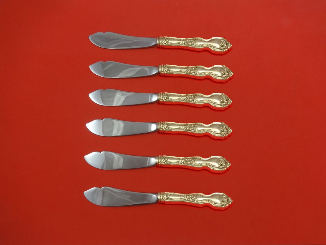 La Reine Wallace Sterling Silver 6pc Trout Knife Set Custom Made: La Reine Wallace Sterling Silver 6pc Trout Knife Set Custom Made This exquisite 6-piece trout knife set, crafted by Wallace in the La Reine pattern, features hollow handle knives made of sterling silv