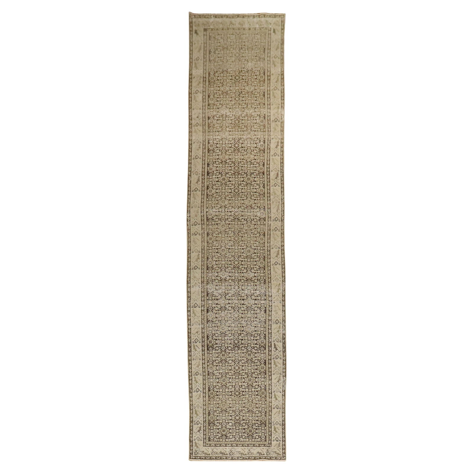 Zabihi Collection 1920s Rustic Brown Malayer Hand-Knotted Runner: Zabihi Collection 1920s Rustic Brown Malayer Hand-Knotted Runner Add a touch of history and elegance to your space with this exquisite Rustic Brown Malayer Antique Runner. Crafted from high-quality wo