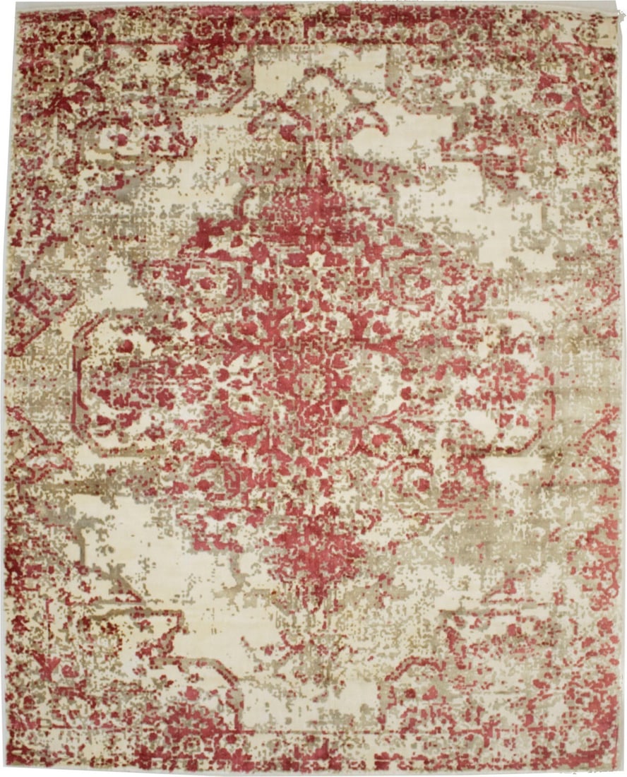 Hand-Loomed Wool and Silk 8x10 Modern Floral Area Rug Red Beige Cream: Hand-Loomed Wool and Silk 8x10 Modern Floral Area Rug Red Beige Cream This hand-loomed area rug features a distressed floral pattern in red, beige, and cream tones, adding a modern touch to contempora