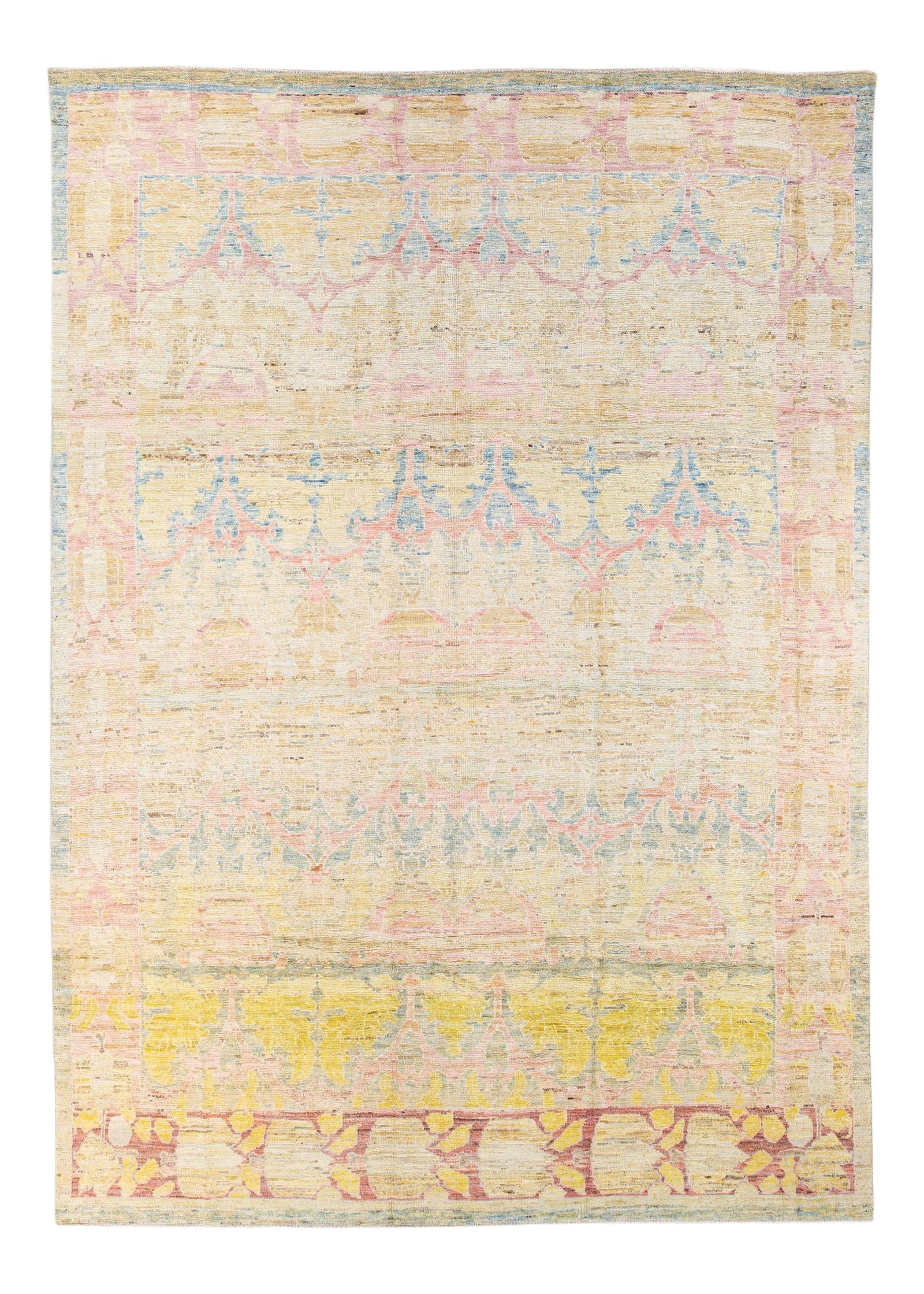 Handmade Modern Oushak Wool Rug Beige Floral Design 10'8 x 15': Handmade Modern Oushak Wool Rug Beige Floral Design 10'8 x 15' Enhance your living space with this stunning modern Oushak hand-knotted wool rug featuring a beautiful beige gradient field. Accented wit
