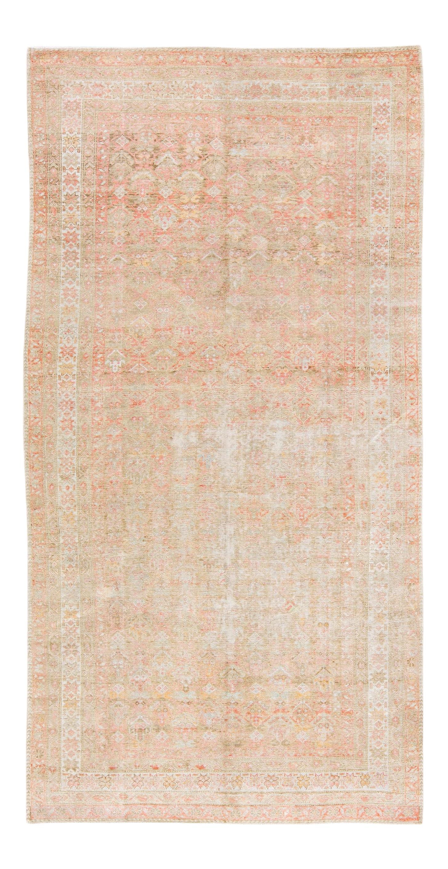 Antique Malayer Wool Rug Pink Tan Geometric Pattern 5' x 10': Antique Malayer Wool Rug Pink Tan Geometric Pattern 5' x 10' This exquisite antique Malayer rug showcases stunning craftsmanship with its hand-knotted wool construction. Featuring a vibrant pink field