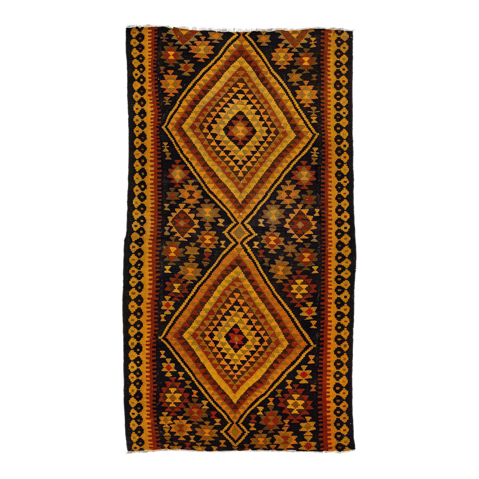 Vintage Turkish Kilim Handmade Wool Rug 5'6 x 10'5 Yellow Tribal Design: Vintage Turkish Kilim Handmade Wool Rug 5'6 x 10'5 Yellow Tribal Design Discover the charm of this beautiful vintage Turkish Kilim hand-knotted wool rug, featuring a vibrant yellow field with a striki