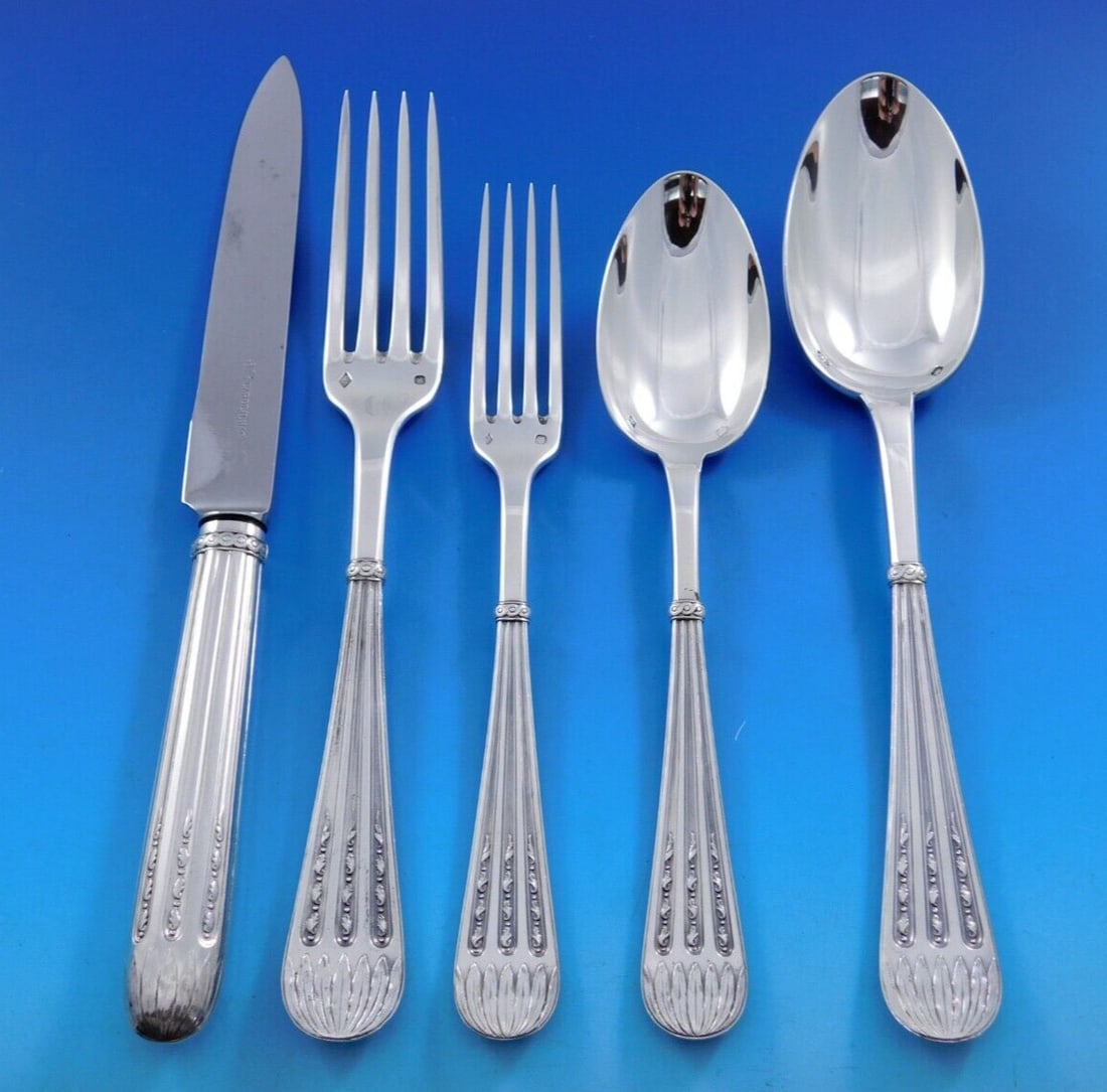 Louis XVI Cardeilhac 950 Silver Flatware Set 56 pcs with Chest: Louis XVI Cardeilhac 950 Silver Flatware Set 56 pcs with Chest Discover the exquisite Louis XVI flatware service set by Cardeilhac, a hallmark of fine French craftsmanship. This 56-piece sterling silv