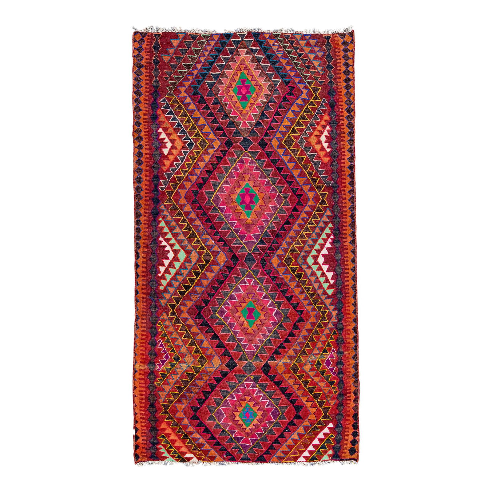 Vintage Kilim Handmade Wool Runner Multicolor Geometric 4'3'' x 8'5'': Vintage Kilim Handmade Wool Runner Multicolor Geometric 4'3'' x 8'5'' Enhance your space with this stunning vintage kilim handmade wool runner. Featuring a vibrant multicolor field, this flatweave rug