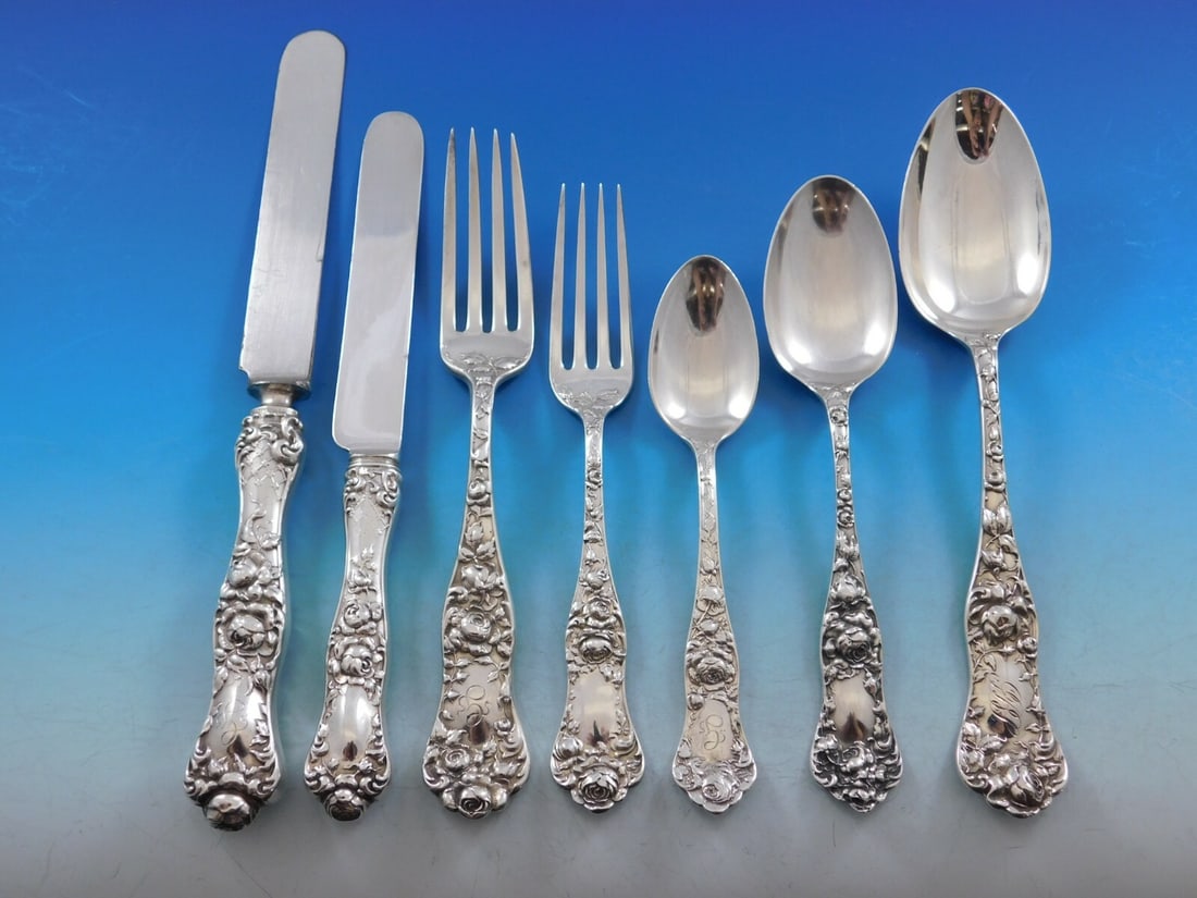 87-Piece Shiebler Mauser American Beauty Sterling Silver Flatware Set: 87-Piece Shiebler Mauser American Beauty Sterling Silver Flatware Set Presenting an exquisite 87-piece Sterling Silver Flatware Set in the elegant American Beauty pattern by Shiebler/Mauser, showcasin