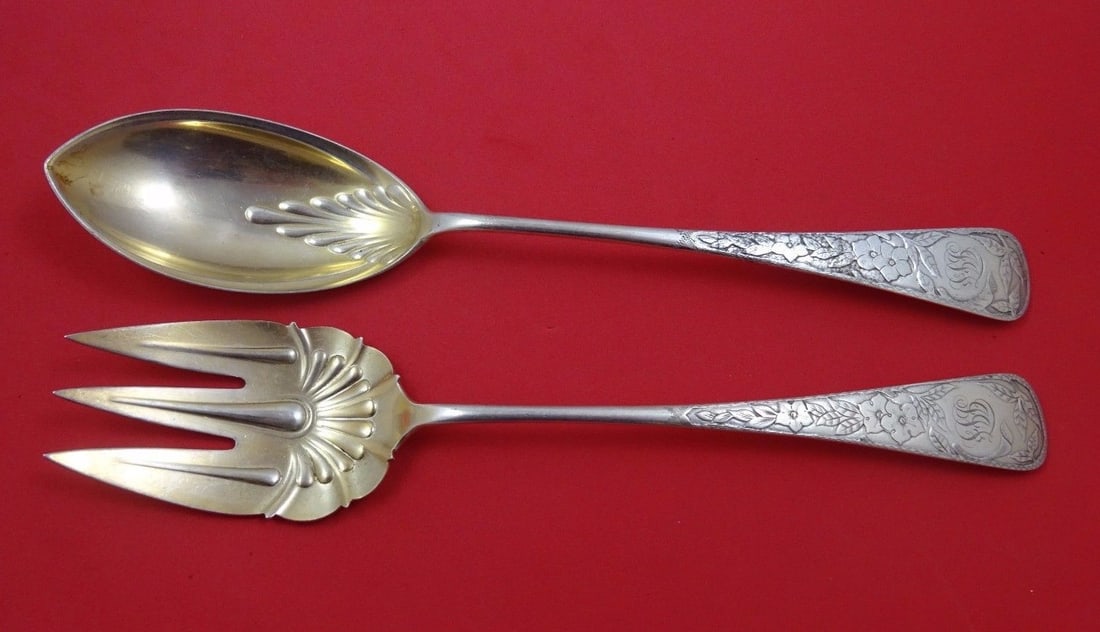 Gorham Clematis Sterling Silver Gold Washed Salad Serving Set 2pc 11 1/4" (1 of 1)