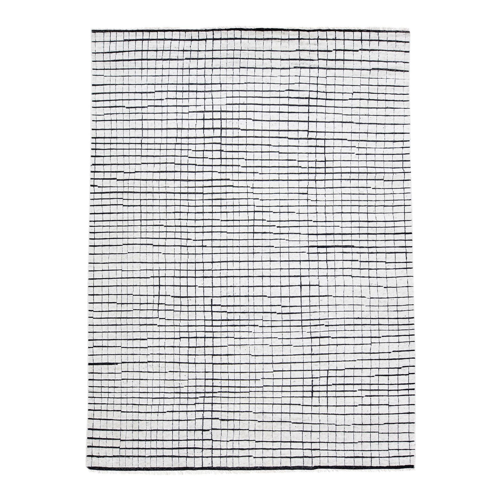 Handmade Moroccan Wool Rug White Black Geometric 9'1 x 12'3: Handmade Moroccan Wool Rug White Black Geometric 9'1 x 12'3 Enhance your living space with this stunning Moroccan-style handmade wool rug. Featuring a striking white field adorned with black accents,