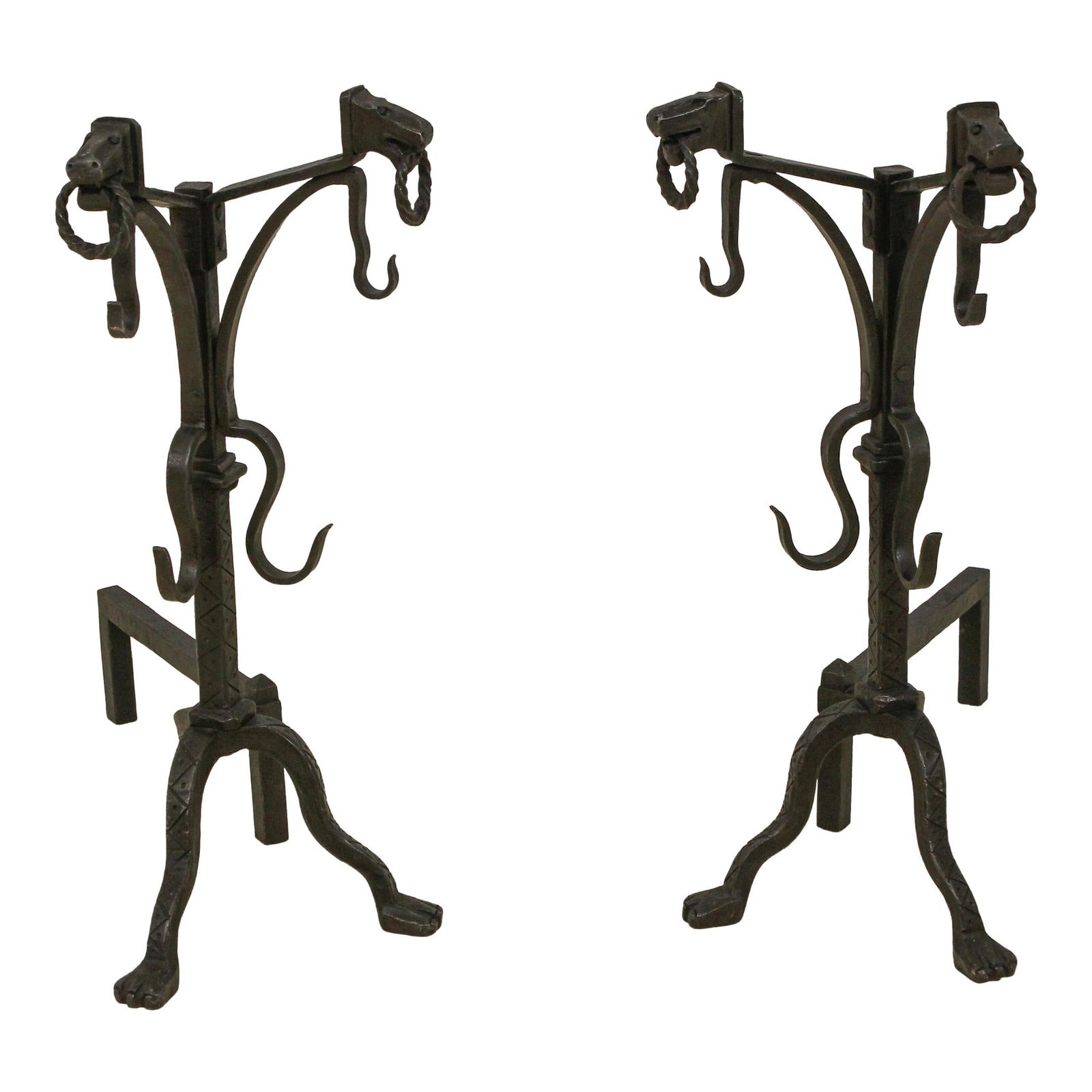 Arts & Crafts Horse Head Iron Andirons Pair 12 x 24 x 26 (1 of 10)