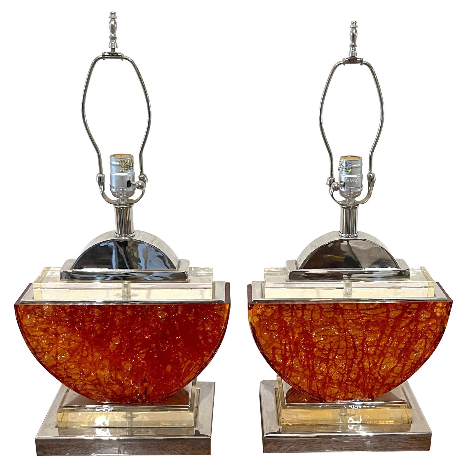 1980s French Mid-Century Modern Silver-Plated Bronze Orange Lucite Table Lamps Set of 2: 1980s French Mid-Century Modern Silver-Plated Bronze Orange Lucite Table Lamps Set of 2 This pair of French table lamps from the 1980s features a striking mid-century modern design that combines silve