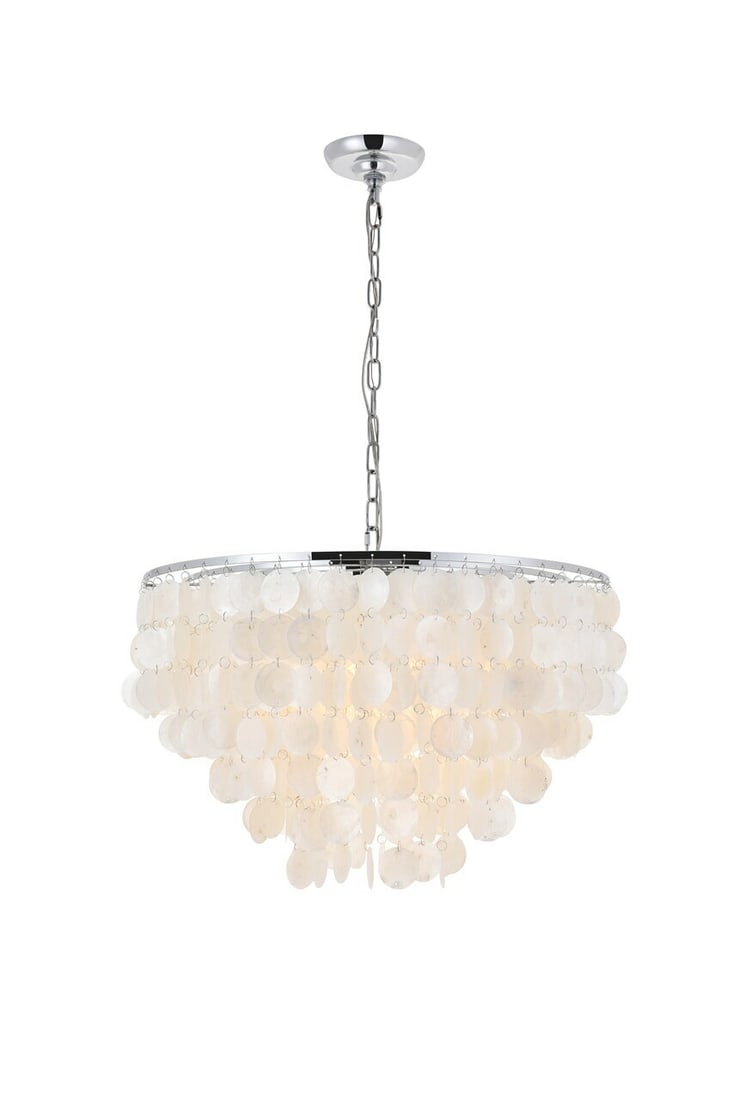 Selene 6-Light Chrome Pendant Chandelier Off-White Shell Shade Modern Design (1 of 11)